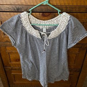 Lucky Brand striped crochet tie neck short sleeve shirt